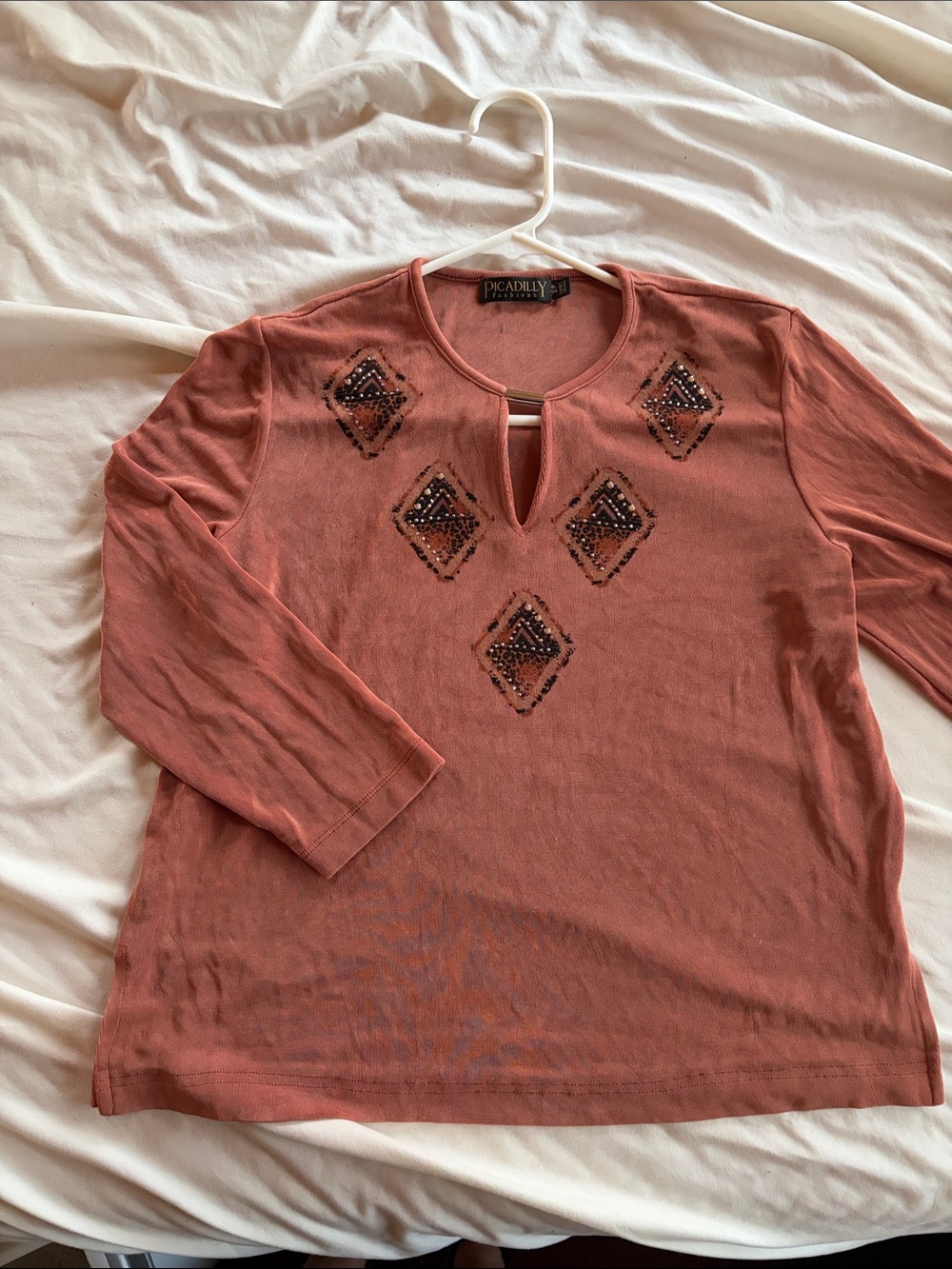 2 pc set Picadilly Fashion Rust 3/4 lSleeve Top with Bead Embellishments , capri
